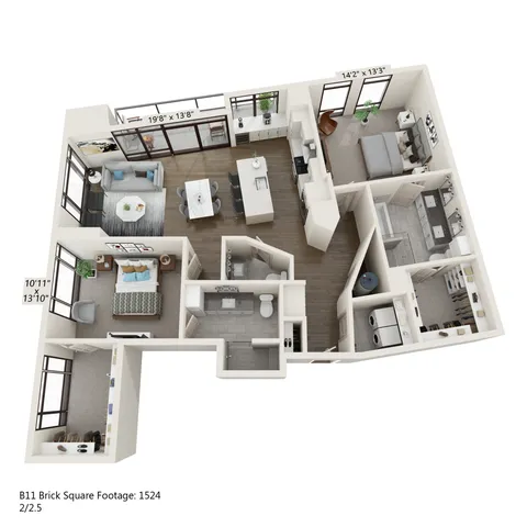 Modern 3D floor plan showcasing an elegant apartment with 2 bedrooms, 2.5 bathrooms, a stylish open living area, and a gourmet kitchen. Total area is 1524 sq ft.