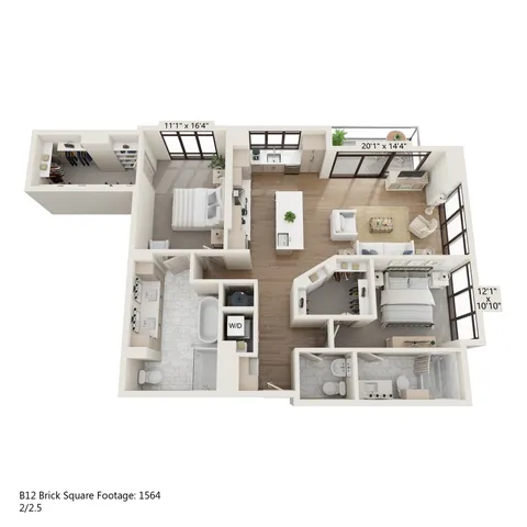Spacious B12 Brick floor plan featuring 2 bedrooms, 2.5 baths, and an open-concept kitchen and living area with natural light. Includes modern amenities and 1564 sq ft of elegant living space.