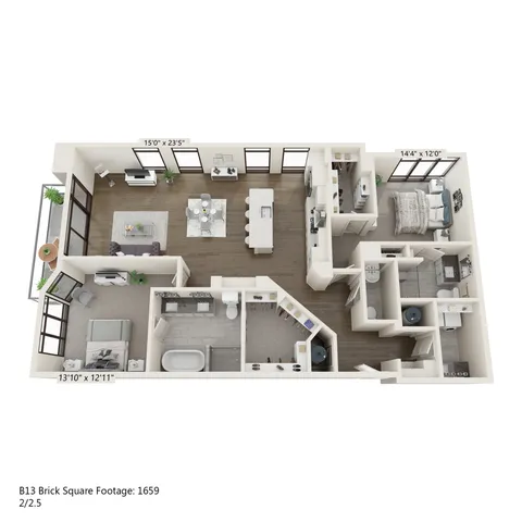 Elegant 3D floor plan featuring two spacious bedrooms, a modern kitchen with an island, open-concept living and dining area, and luxurious bathrooms.
