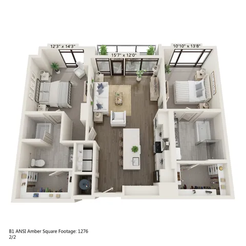 Modern 3D floor plan showcasing 2 bedrooms, stylish open-concept living area, and sleek kitchen in Amber Square, 1276 sq ft.