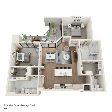 Elegant 3D floor plan of B2 Amber with 2 bedrooms, a cozy living room, modern kitchen, and spacious balcony, 1343 square feet.