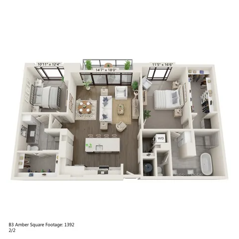 Charming 3D floor plan of B3 Amber, featuring two spacious bedrooms, an open-concept living and dining area, modern kitchen with island, and a luxurious bathroom. Large windows and private patio enhance natural light. Total area of 1392 sq ft.
