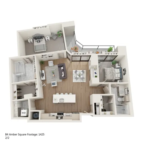 B4 Amber floor plan showcasing 2 bedrooms and 2 baths with a spacious living area, modern kitchen, and private balcony, totaling 1425 sq ft.