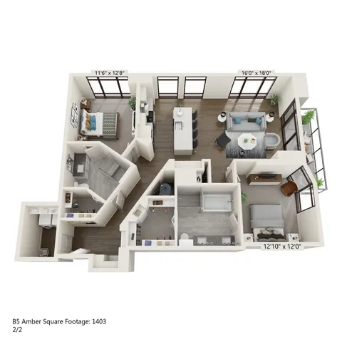 Modern and spacious 3D floor plan of a 2-bedroom apartment featuring an open-concept living area, sleek kitchen with island, and large windows for natural light. Total area is 1403 sq ft.