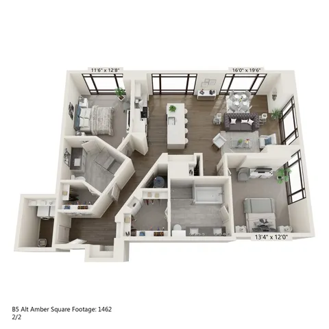 Modern 3D floor plan showcasing a spacious 2-bedroom, 2-bath apartment with open-concept living area, sleek kitchen, and abundant natural light, covering 1462 square feet.