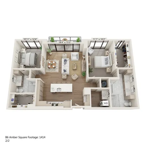 Luxurious B6 Amber open-concept floor plan with spacious 2 bedrooms, stylish living area, and modern kitchen, covering 1414 sq ft.