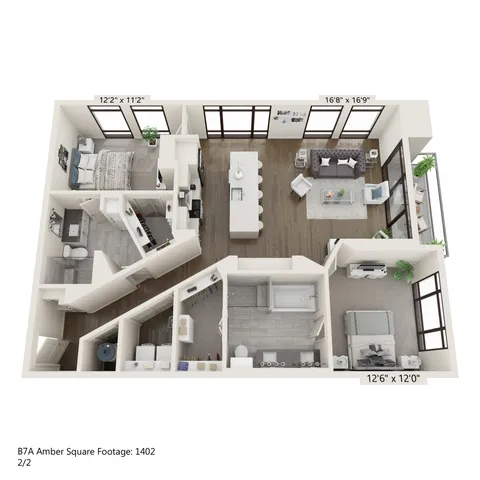 Modern apartment floor plan showcasing 2 spacious bedrooms, open-concept living area, and sleek kitchen with island in 1402 sq ft layout.