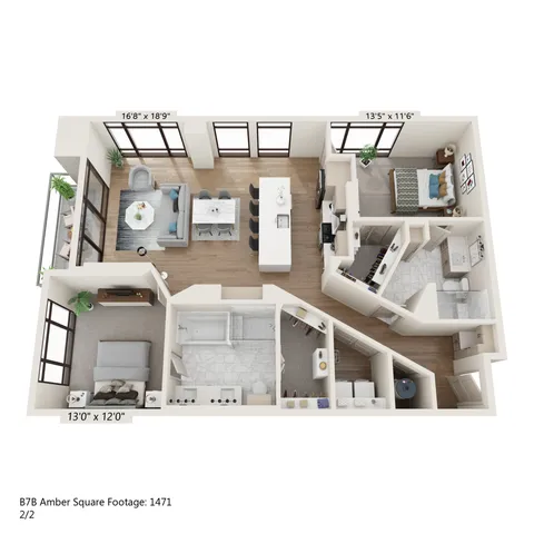 Modern 3D floor plan showcasing a spacious 2-bedroom apartment with an open-concept living and dining area, sleek kitchen, and elegant finishings. Ideal urban living space with ample natural light, B7B Amber, 1471 sq ft.