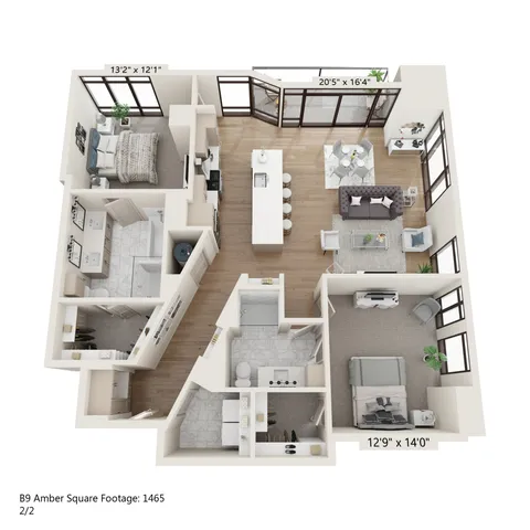 Modern 3D floor plan showcasing 2 spacious bedrooms, elegant open-concept living and dining area, sleek kitchen with island, and expansive windows, 1465 square feet.