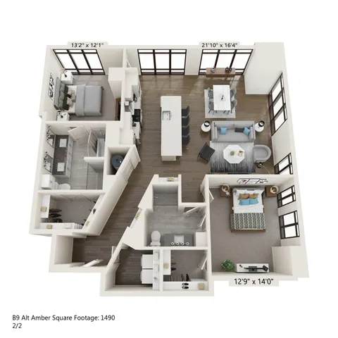 Contemporary floor plan of a spacious 1490 sq ft apartment featuring two bedrooms, two bathrooms, an open-concept living and dining area, and a modern kitchen with island and bar seating, designed for stylish urban living.