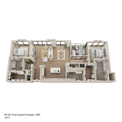 Modern 3D floor plan of PH-B1 Onyx Square featuring 2 bedrooms, a spacious living area, elegant kitchen, and 2.5 bathrooms, spread over 1984 sq ft with ample natural light.