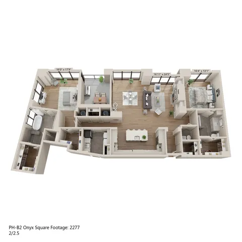Luxurious 3D floor plan featuring 2 bedrooms and 2.5 bathrooms, with an elegant open-concept living and dining area, spacious kitchen, and chic design elements. Ideal for modern living with expansive windows and stylish finishes, Onyx model, 2277 square feet.