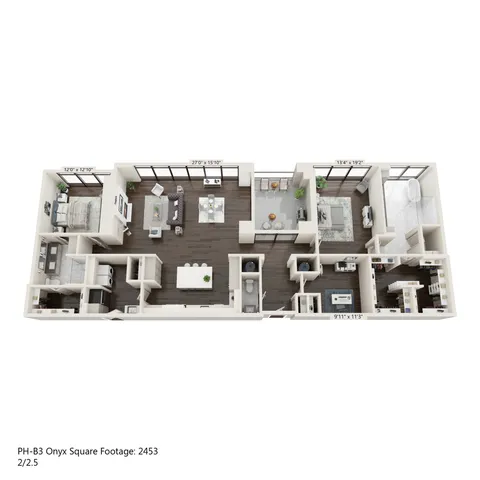 Luxurious 3D floor plan of PH-B3 Onyx with 2 bedrooms, 2.5 baths, and expansive living spaces in 2453 sq ft.