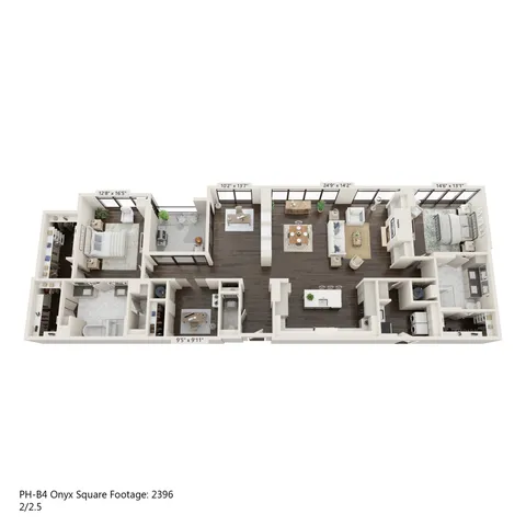 Luxurious 3D floor plan of PH-B4 Onyx showcasing 2 bedrooms, expansive living and dining areas, and a modern kitchen, spanning 2396 square feet with 2.5 bathrooms.