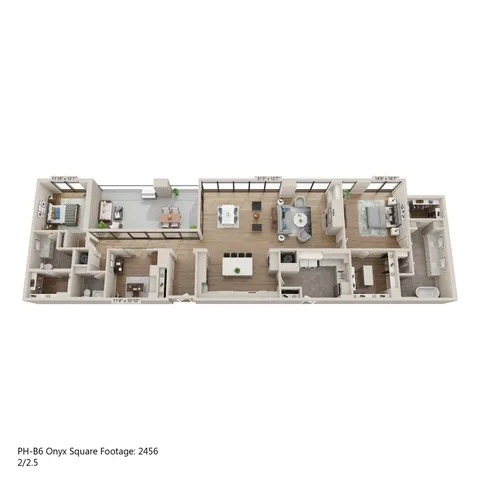 Expansive 3D floor plan of Onyx Square PH-B6 boasting 2 elegant bedrooms, a modern open-concept kitchen, and luxurious living area. Includes two and a half stylish bathrooms and a charming balcony, all within 2456 square feet.