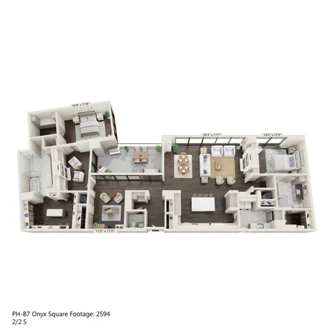 Luxurious 3D floor plan of Onyx penthouse featuring 2 spacious bedrooms, 2.5 elegant bathrooms, a modern kitchen with a central island, and an open-concept living and dining area. Includes a cozy lounge space, expansive balcony, and quality finishes throughout. Total area of 2,594 sq ft.