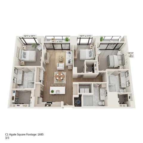 Luxurious 3-bedroom apartment floor plan featuring open-concept living room, modern kitchen with island, and spacious bedrooms with large windows.