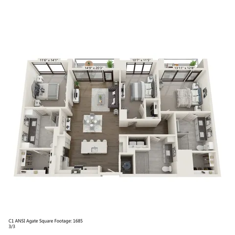 Spacious 3-bedroom floor plan featuring a modern open-concept living area, elegant kitchen, and private balcony, totaling 1685 sq ft in an ANSI Agate layout.