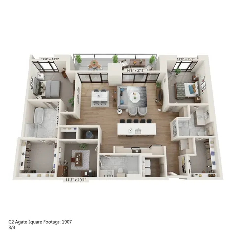 Modern floor plan featuring 2 elegant bedrooms, open-concept living and dining area, spacious kitchen, and private balconies, embracing 1907 square feet of luxurious space.