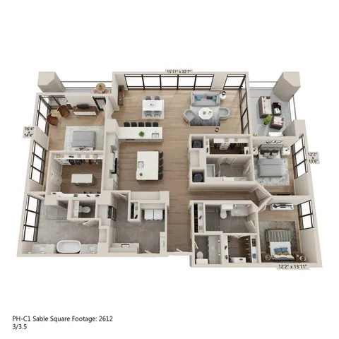 Luxurious 3D floor plan of Sable Square PH-C1 featuring spacious 3 bedrooms, elegant 3.5 bathrooms, open-concept living and dining area, and modern kitchen, totaling 2612 sq ft.
