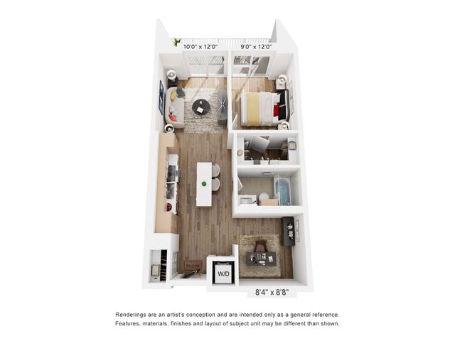 Modern 3D floor plan showcasing a cozy 1-bedroom apartment with an open-concept living area, stylish kitchen, spacious closet, and elegant bathroom.