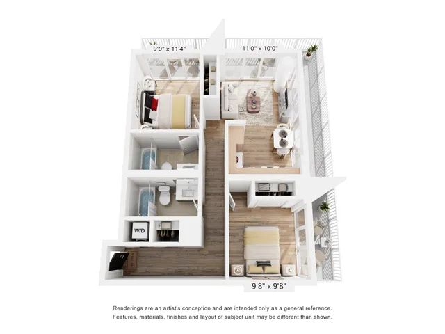 Modern 3D floor plan showcasing two bedrooms, a stylish living area, and a sleek kitchen, complete with cozy balconies and contemporary design elements.