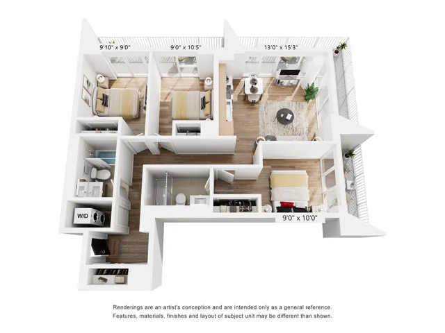 Modern 3D floor plan showcasing a spacious layout with 3 bedrooms, an airy living room, stylish kitchen, and two elegant bathrooms, featuring large windows and a welcoming balcony.