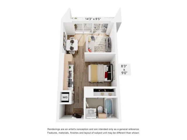 Chic open-concept 3D apartment floor plan featuring a cozy living area, modern kitchen, elegant bedroom, and private balcony.