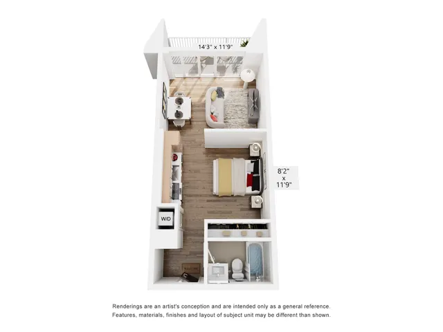Modern 3D floor plan showcasing a cozy one-bedroom apartment with an open living space, elegant kitchen, and private balcony.