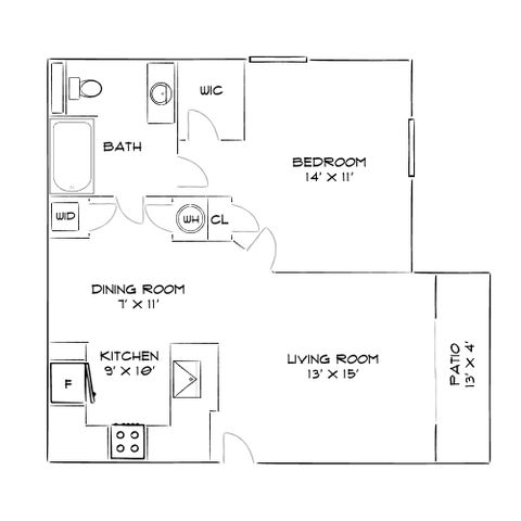 Elegant floor plan showcasing a spacious bedroom, modern kitchen, dining area, cozy living room, and a charming patio.