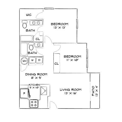 Inviting floor plan showcasing 2 spacious bedrooms, modern kitchen, open living and dining areas, and a cozy patio.