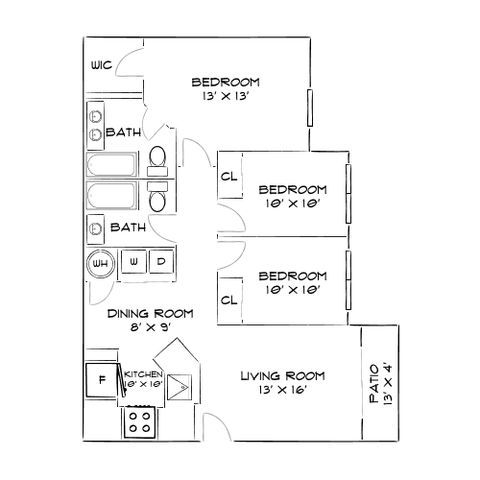 Inviting 2D floor plan showcasing 3 bedrooms, cozy living and dining areas, a well-equipped kitchen, and a charming patio.