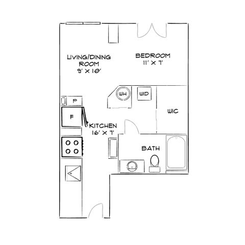 Cozy apartment floor plan featuring a combined living and dining area, a well-appointed kitchen, one bedroom with a walk-in closet, and a convenient bathroom layout.