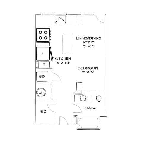 Efficient floor plan showcasing a cozy 1-bedroom apartment with a combined living/dining area, functional kitchen, and modern bath.