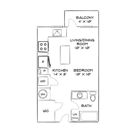 Charming floor plan with one bedroom, open kitchen, living/dining area, and a cozy balcony.