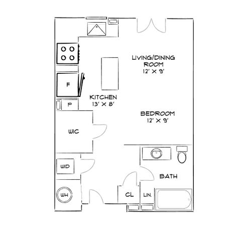 Modern 1-bedroom apartment floor plan featuring open-concept living and dining area, sleek kitchen, and full bath for convenient living.
