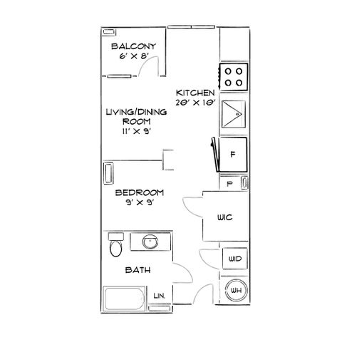 Chic 1-bedroom floor plan with modern kitchen, spacious living/dining area, and private balcony.