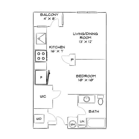 Chic floor plan showcasing a one-bedroom layout with a modern kitchen, open living/dining area, and a cozy balcony.