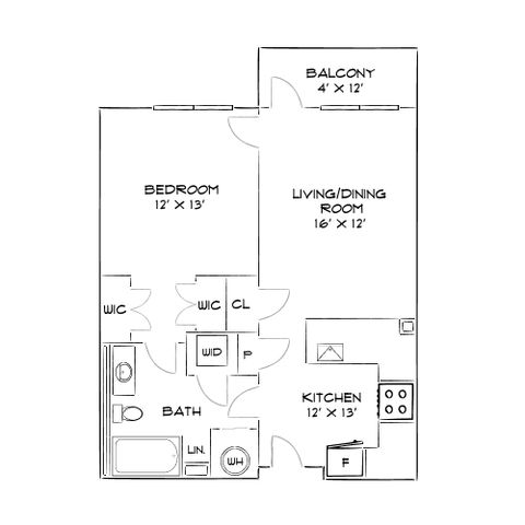 Inviting floor plan with 1 bedroom, a spacious living/dining area, convenient kitchen, and a cozy balcony.