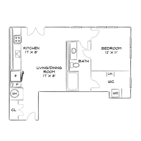 Modern 2D floor plan featuring 1 bedroom, an open kitchen, and a combined living/dining area for cozy living.