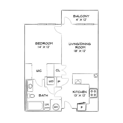 Modern floor plan showcasing a spacious 1-bedroom apartment with an open-concept living and dining area, large balcony, and well-equipped kitchen.