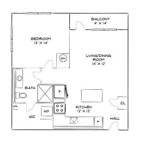 Modern floor plan with 1 bedroom, spacious living and dining area, and cozy balcony.