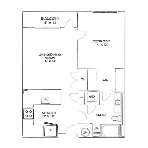 Inviting floor plan with a spacious bedroom, open living/dining area, modern kitchen, and cozy balcony.
