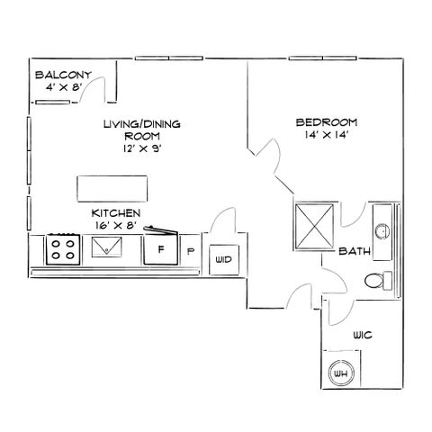 Chic floor plan showcasing a spacious 1-bedroom layout with a large living/dining area, modern kitchen, and a private balcony.