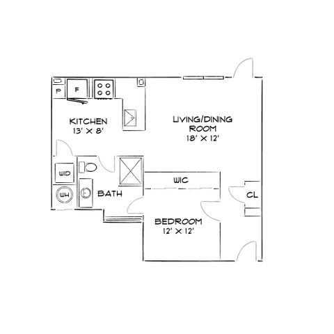 Chic floor plan showcasing a spacious 1-bedroom apartment with a modern kitchen, living/dining area, and convenient walk-in closet.