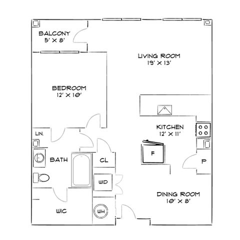 Modern floor plan showcasing one-bedroom apartment with a spacious living room, functional kitchen, dining area, and balcony.