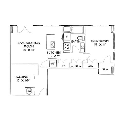 Modern 1-bedroom floor plan featuring an expansive living/dining area, a well-equipped kitchen, and ample storage space.