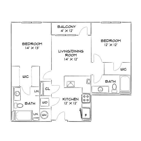 Contemporary floor plan featuring two spacious bedrooms, two bathrooms, a kitchen, and a combined living/dining area with balcony access.