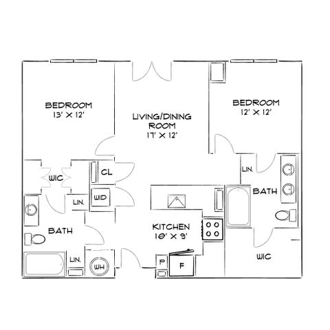 Chic 2D floor plan with 2 spacious bedrooms, modern kitchen, and an open living/dining area.