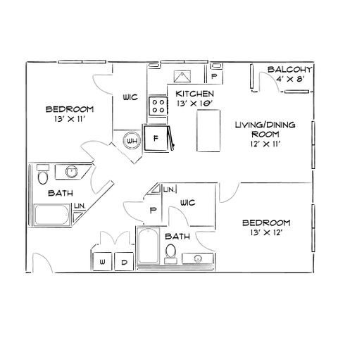 Modern floor plan showcasing 2 bedrooms, a combined living and dining area, a functional kitchen, and two bathrooms with balcony.